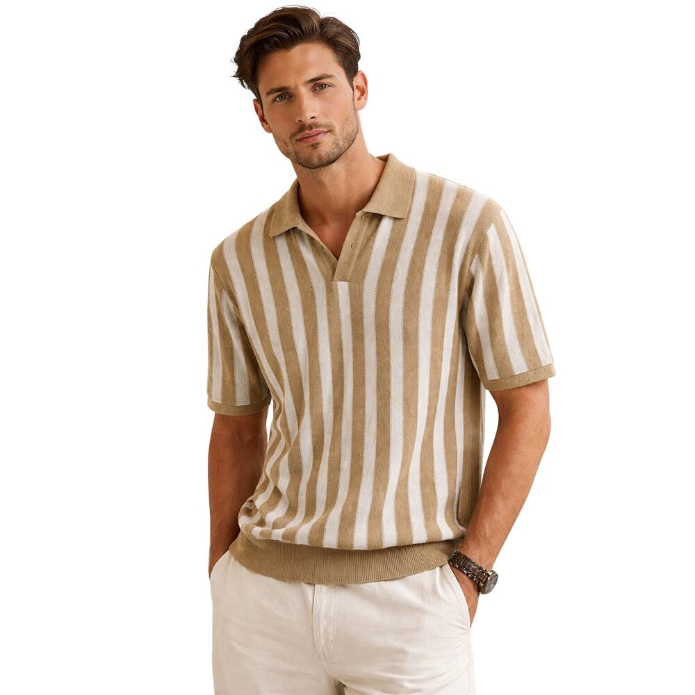 Magaschoni Linen Knit Polo Shirt XL Tan Striped Short Sleeve Luxury Casual